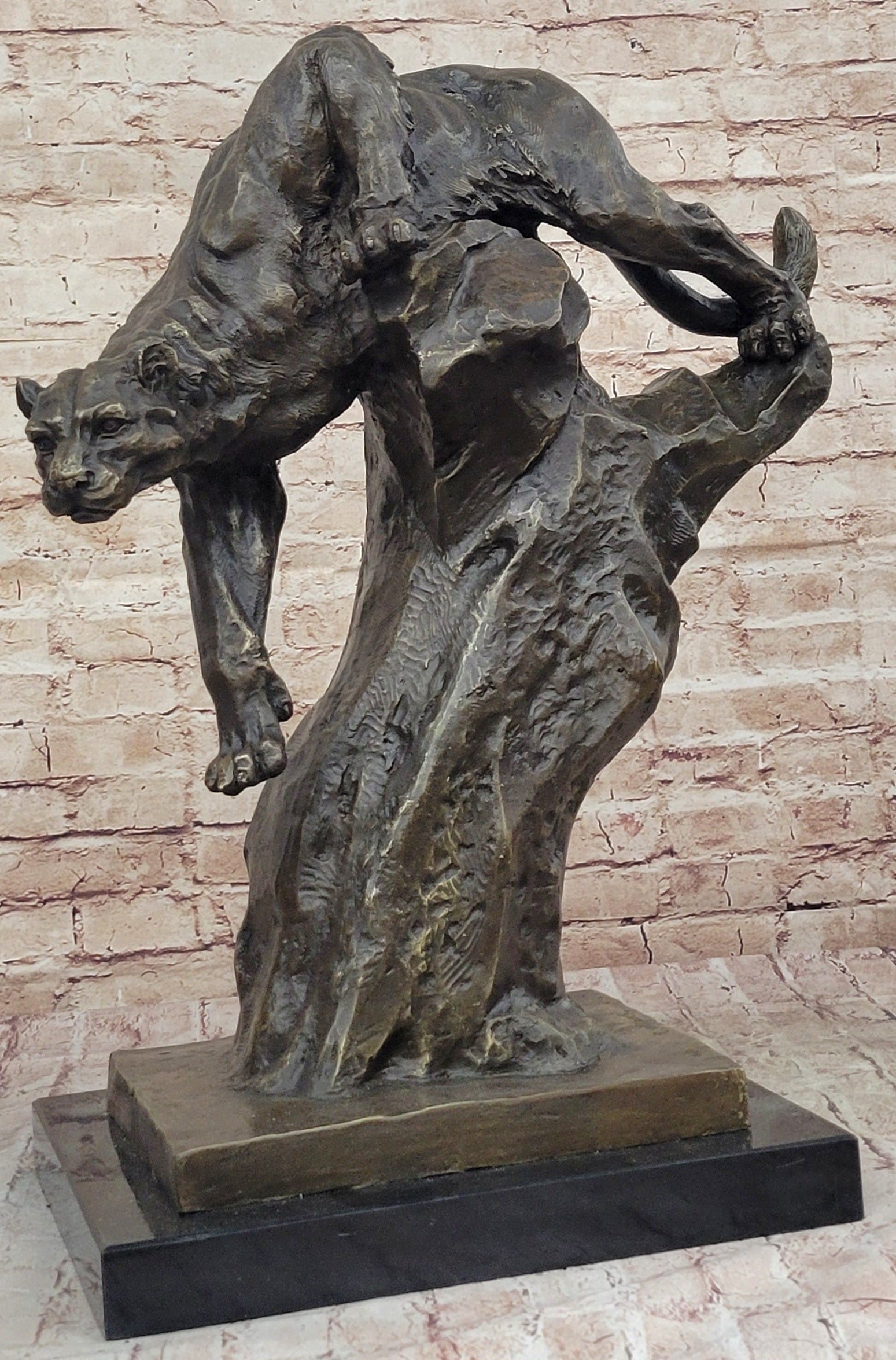 Mountain Lion Panther Puma Climbing Down Tree Bronze Metal Statue Sculpture on Marble Base