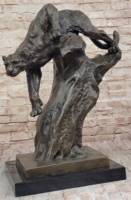 Mountain Lion Panther Puma Climbing Down Tree Bronze Metal Statue Sculpture on Marble Base