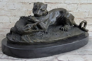 Panther Puma Mountain Lion vs. Alligator Cayman Crocodile Bronze Sculpture Statue