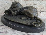 Panther Puma Mountain Lion vs. Alligator Cayman Crocodile Bronze Sculpture Statue