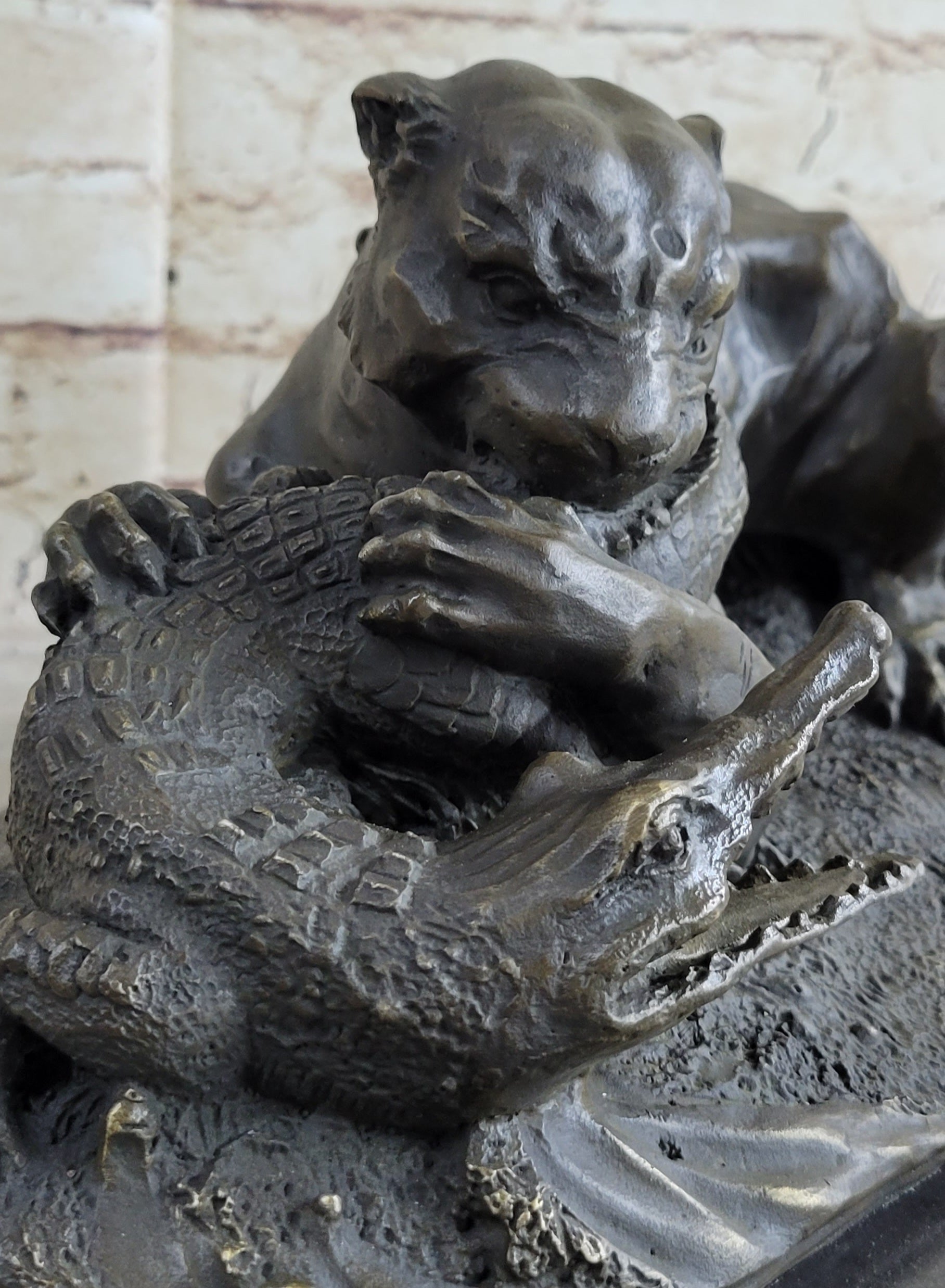 Panther Puma Mountain Lion vs. Alligator Cayman Crocodile Bronze Sculpture Statue