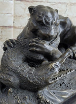 Panther Puma Mountain Lion vs. Alligator Cayman Crocodile Bronze Sculpture Statue
