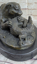 Panther Puma Mountain Lion vs. Alligator Cayman Crocodile Bronze Sculpture Statue