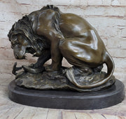 Lion vs. Snake Bronze Statue Sculpture Figure by Antoine Barye on Marble Base