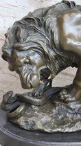 Load image into Gallery viewer, Lion vs. Snake Bronze Statue Sculpture Figure by Antoine Barye on Marble Base
