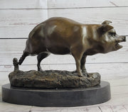 Cute Pig Hog Farm Animal Bronze Metal Statue Sculpture Figurine Decor Signed Art