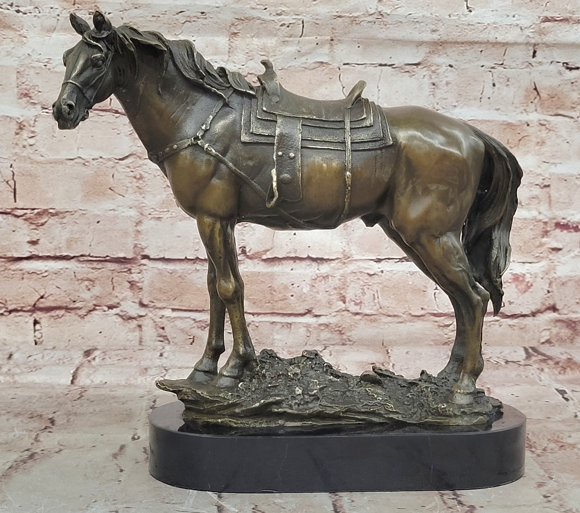 Large Original Loving Horse with his Saddle Western Art Cowboy Bronze Sculpture - Southlake Paws