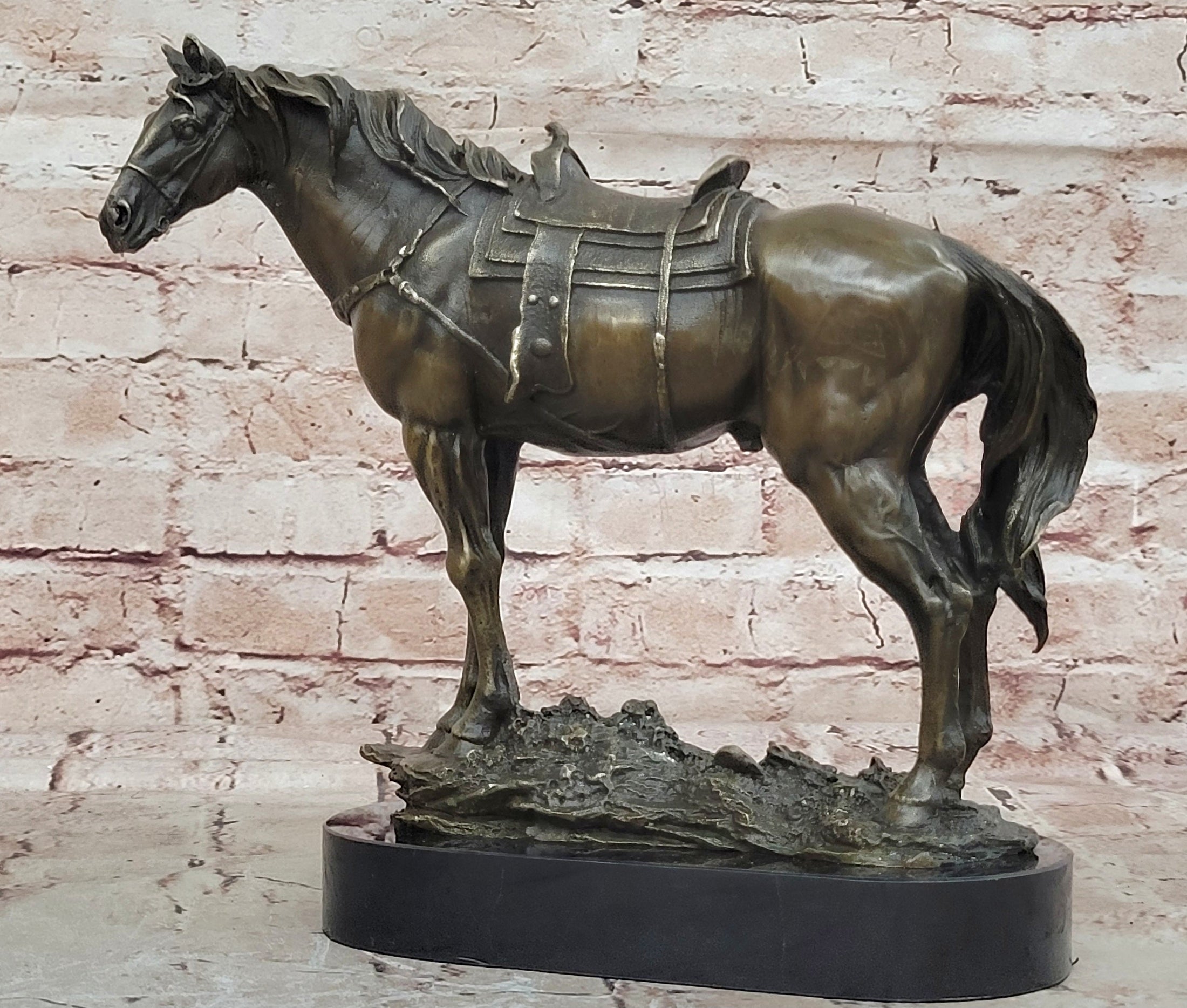 Large Original Loving Horse with his Saddle Western Art Cowboy Bronze Sculpture - Southlake Paws