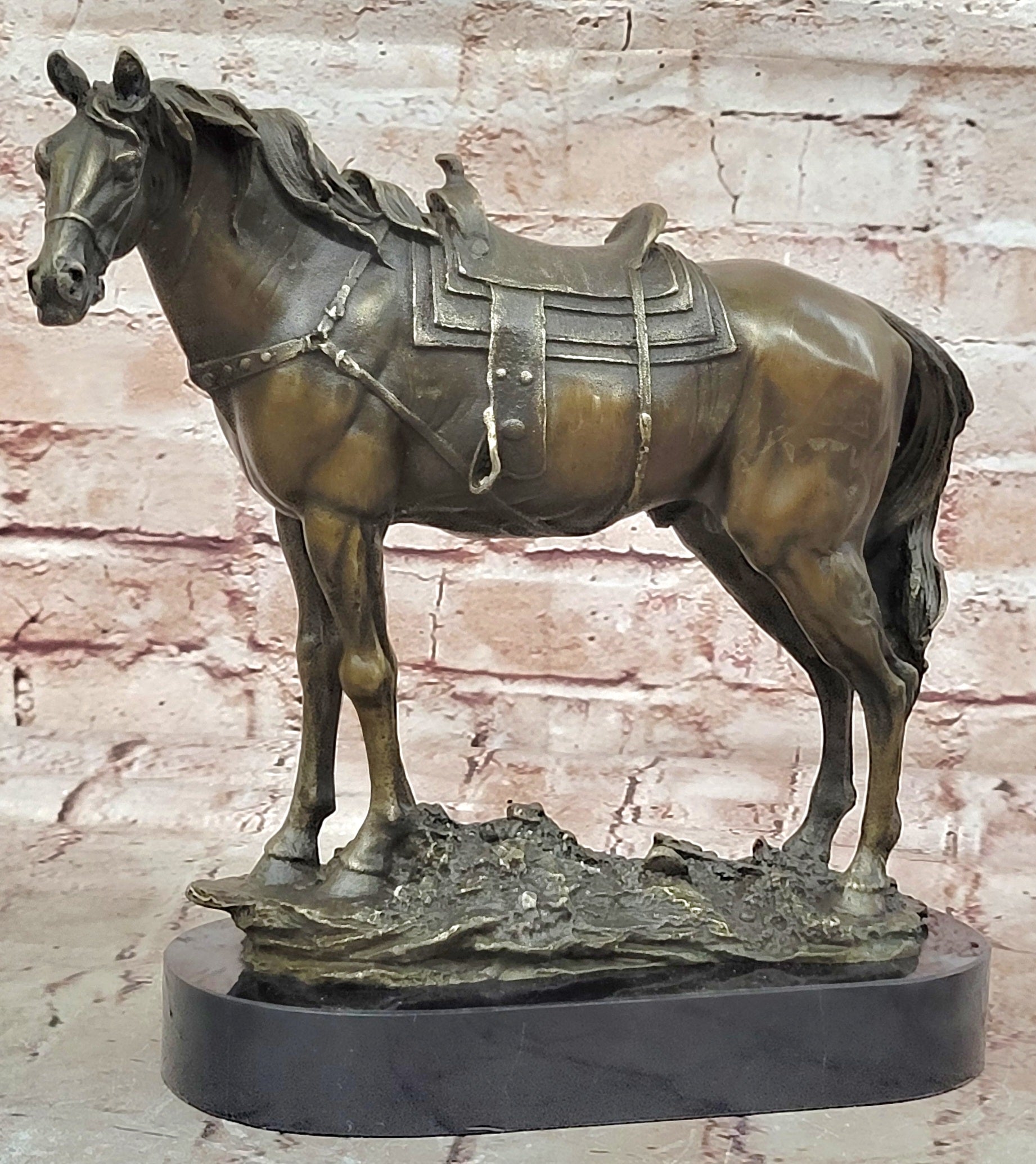 Large Original Loving Horse with his Saddle Western Art Cowboy Bronze Sculpture - Southlake Paws