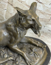 German Shepherd Dog Canine Bronze Art Sculpture Statue on Marble Base