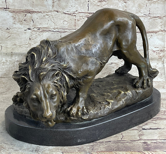 Lion Stalking Prey Hot Cast Bronze Sculpture Statue Art by Antoine Barye on Marble Base