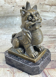 Chinese Foo Dog Guardian Lion Bronze Statue Sculpture Figure Marble Base 7.5