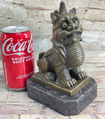 Chinese Foo Dog Guardian Lion Bronze Statue Sculpture Figure Marble Base 7.5