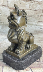 Chinese Foo Dog Guardian Lion Bronze Statue Sculpture Figure Marble Base 7.5