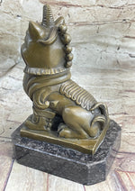 Chinese Foo Dog Guardian Lion Bronze Statue Sculpture Figure Marble Base 7.5