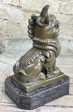 Chinese Foo Dog Guardian Lion Bronze Statue Sculpture Figure Marble Base 7.5