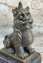 Chinese Foo Dog Guardian Lion Bronze Statue Sculpture Figure Marble Base 7.5