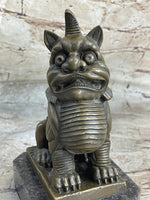 Chinese Foo Dog Guardian Lion Bronze Statue Sculpture Figure Marble Base 7.5