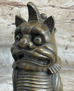 Chinese Foo Dog Guardian Lion Bronze Statue Sculpture Figure Marble Base 7.5