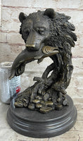 Load image into Gallery viewer, Bear Catching Salmon Bronze Metal Bust Statue Sculpture Original Art on Marble Base
