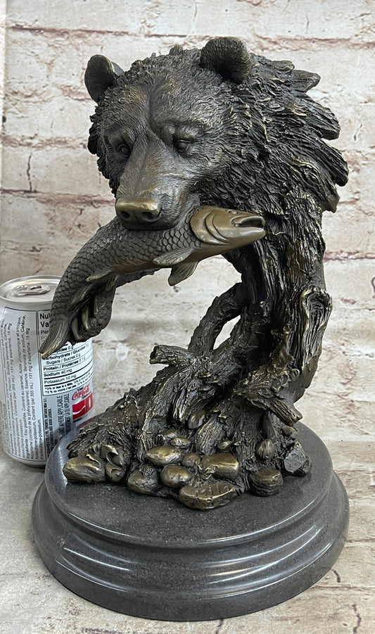 Bear Catching Salmon Bronze Metal Bust Statue Sculpture Original Art on Marble Base