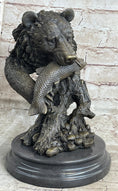 Load image into Gallery viewer, Bear Catching Salmon Bronze Metal Bust Statue Sculpture Original Art on Marble Base
