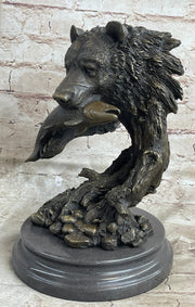 Bear Catching Salmon Bronze Metal Bust Statue Sculpture Original Art on Marble Base