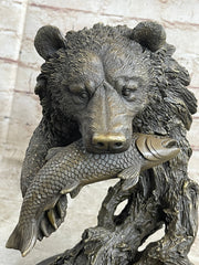 Bear Catching Salmon Bronze Metal Bust Statue Sculpture Original Art on Marble Base