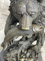 Bear Catching Salmon Bronze Metal Bust Statue Sculpture Original Art on Marble Base