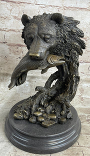 Bear Catching Salmon Bronze Metal Bust Statue Sculpture Original Art on Marble Base