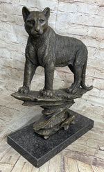 Mountain Lion Puma Panther Cougar Bronze Sculpture Statue Figure on Marble Base