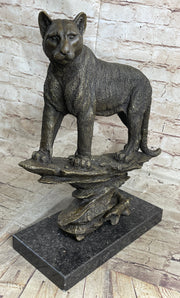 Mountain Lion Puma Panther Cougar Bronze Sculpture Statue Figure on Marble Base