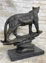 Mountain Lion Puma Panther Cougar Bronze Sculpture Statue Figure on Marble Base