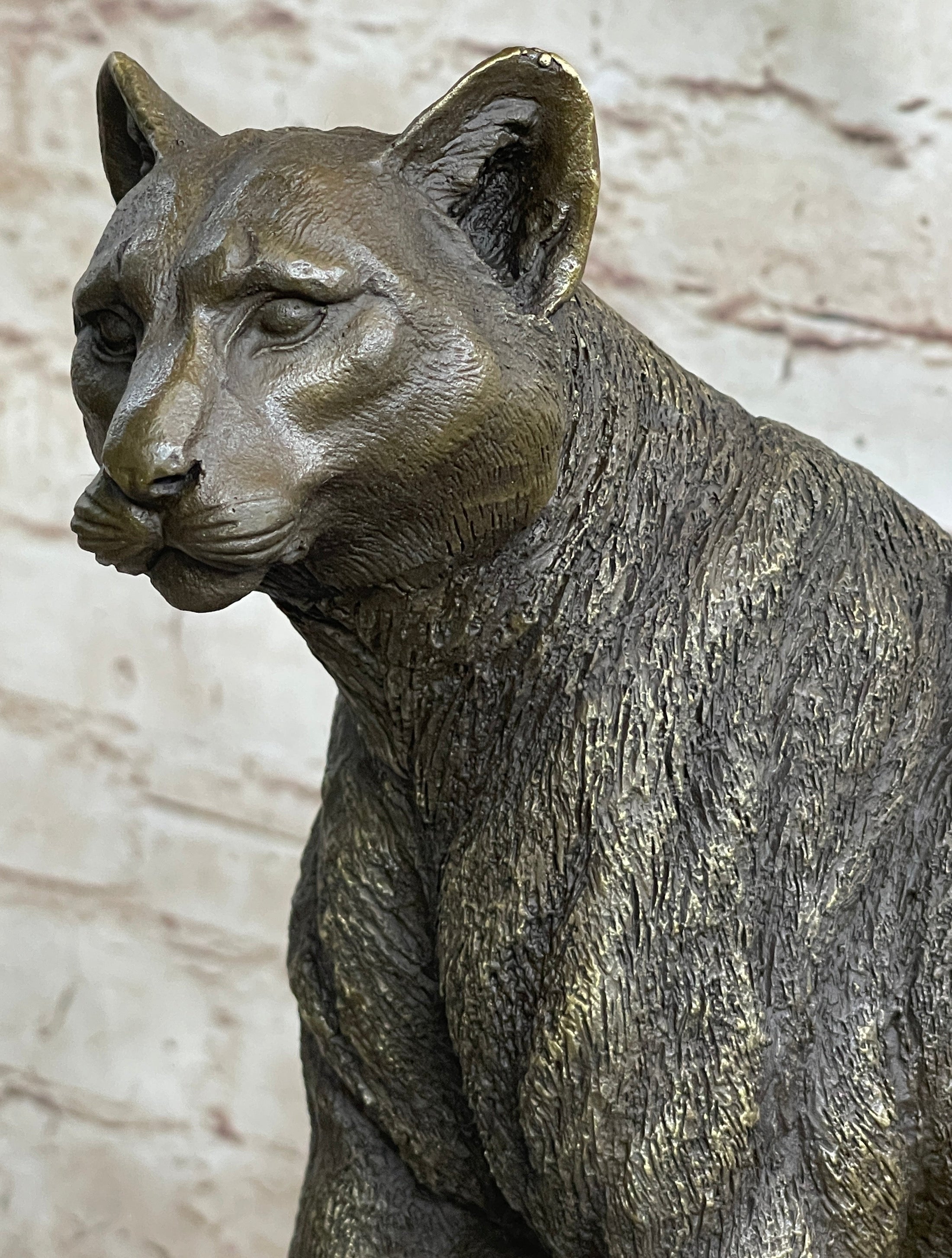 Mountain Lion Puma Panther Cougar Bronze Sculpture Statue Figure on Marble Base