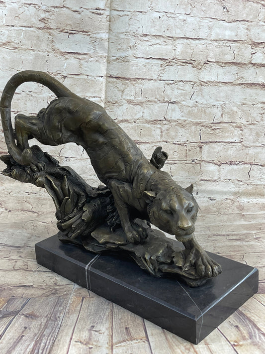 Tiger Bronze Sculpture Statue Figure on Marble Base Signed