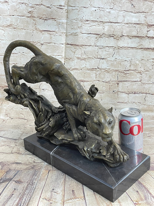 Tiger Bronze Sculpture Statue Figure on Marble Base Signed