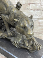 Tiger Bronze Sculpture Statue Figure on Marble Base Signed