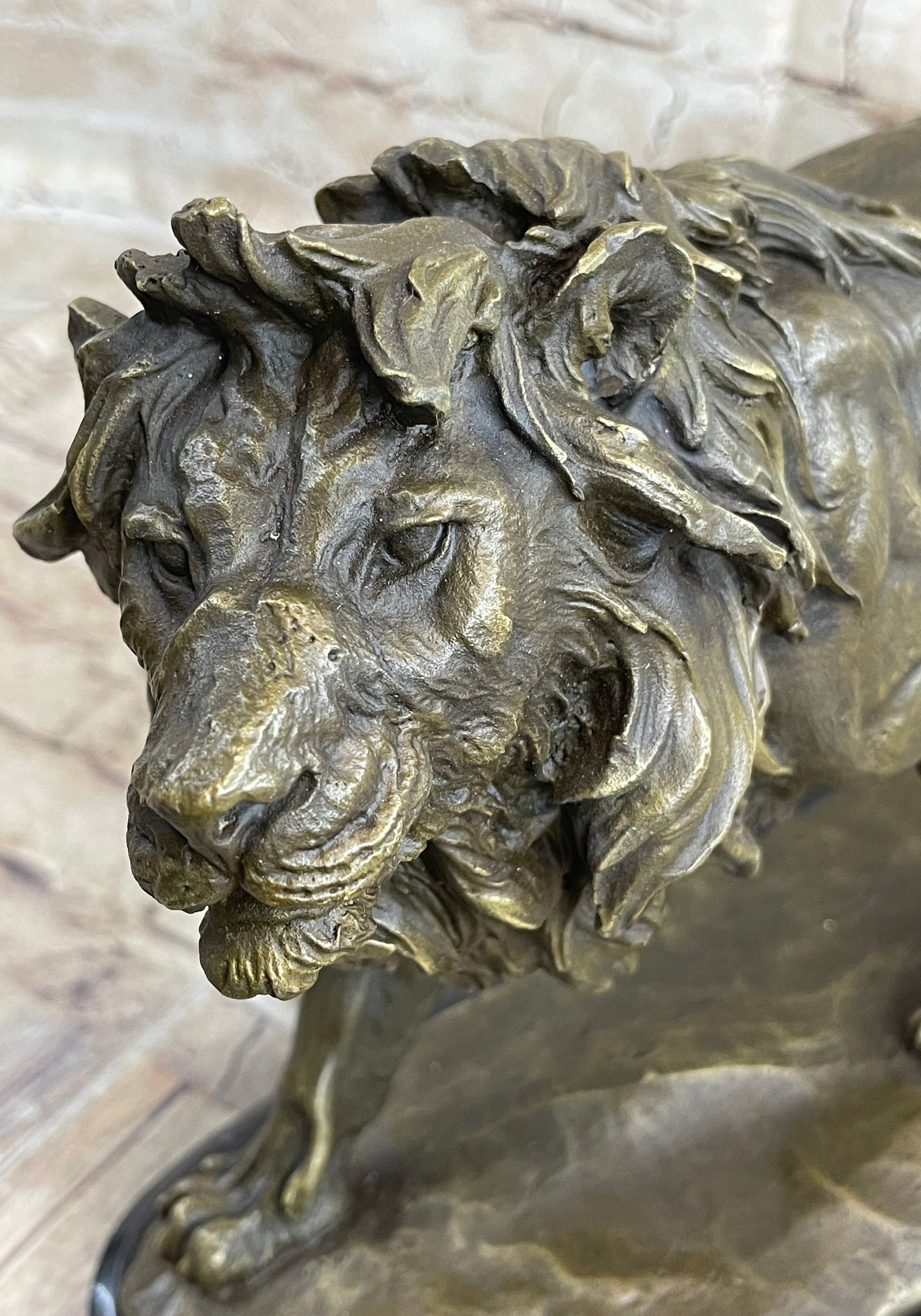 Lion Bronze Sculpture Statue Figure Handmade Art by Antoine Barye on Marble Base