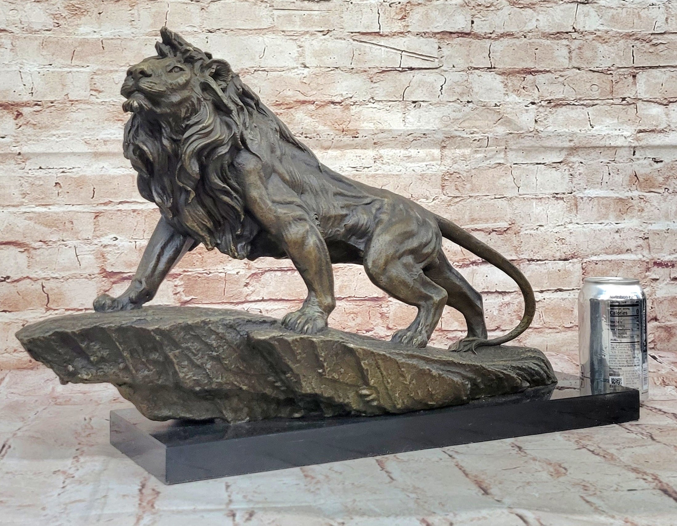 Standing Lion Bronze Sculpture – Detailed Wildlife Artwork on Marble Base