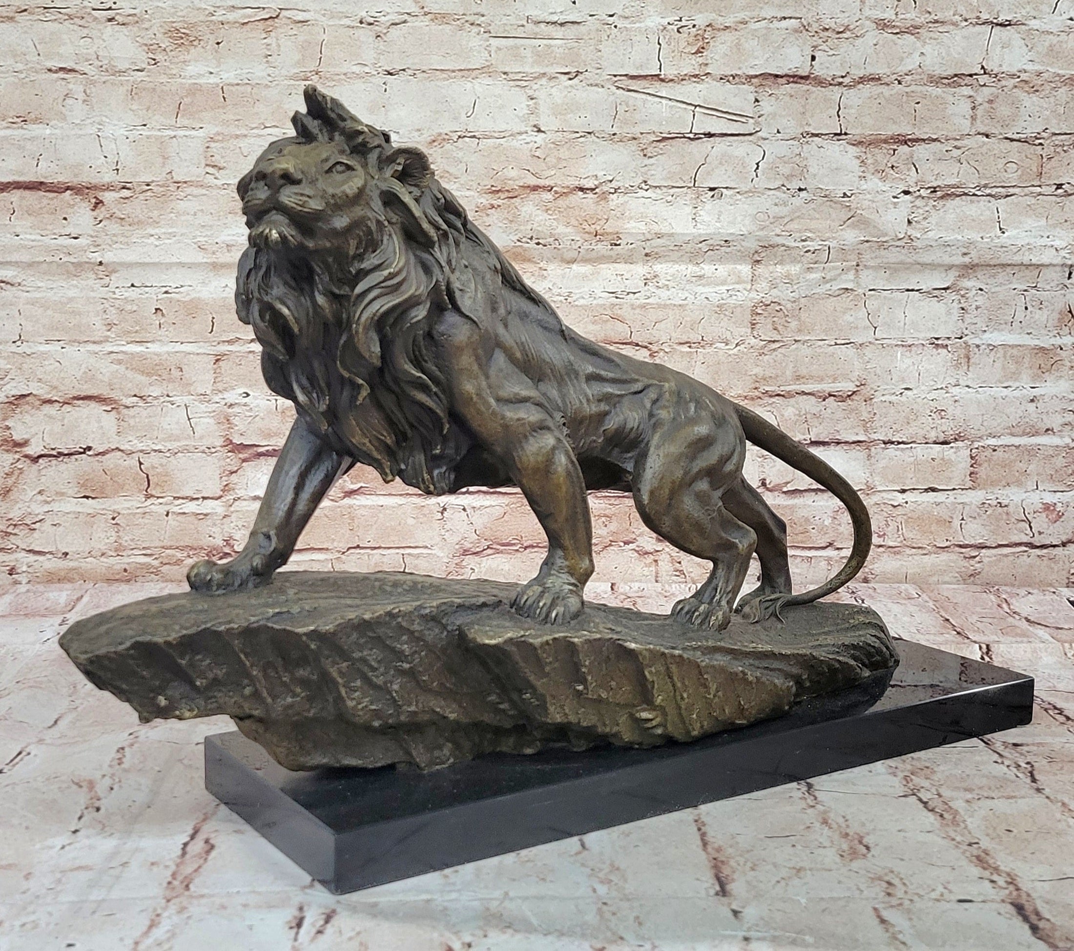 Standing Lion Bronze Sculpture – Detailed Wildlife Artwork on Marble Base