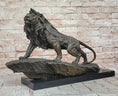 Load image into Gallery viewer, Standing Lion Bronze Sculpture – Detailed Wildlife Artwork on Marble Base

