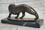 Male Lion Stalking Prey Bronze Sculpture Statue Signed Art on Marble Base