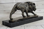 Male Lion Stalking Prey Bronze Sculpture Statue Signed Art on Marble Base