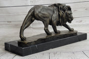 Male Lion Stalking Prey Bronze Sculpture Statue Signed Art on Marble Base