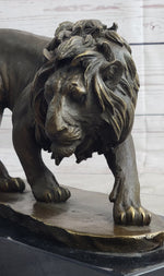 Male Lion Stalking Prey Bronze Sculpture Statue Signed Art on Marble Base