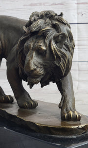 Male Lion Stalking Prey Bronze Sculpture Statue Signed Art on Marble Base