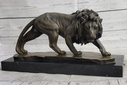 Male Lion Stalking Prey Bronze Sculpture Statue Signed Art on Marble Base