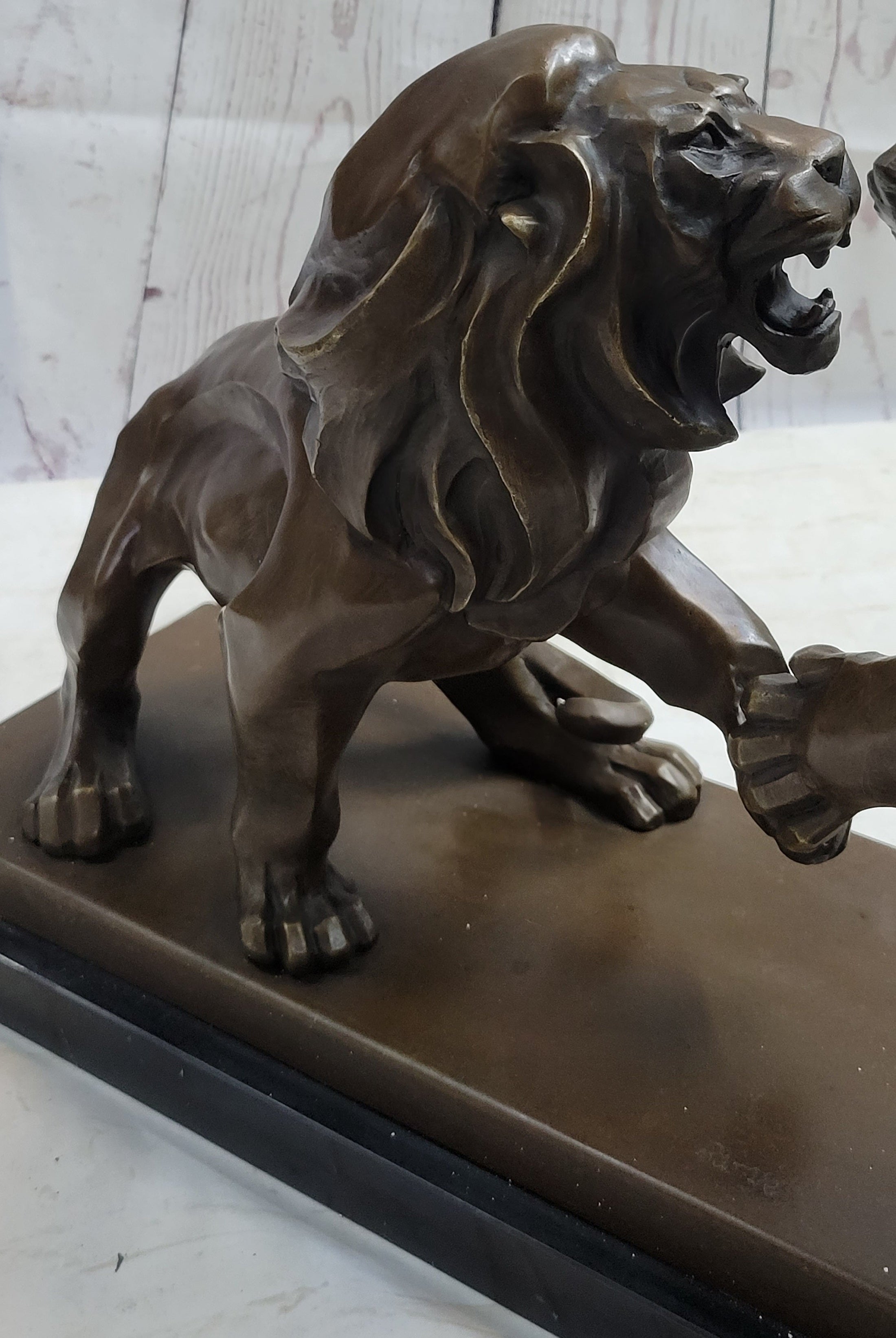 Two Guardian Lions Bronze Sculpture Statue Decor on Marble Base by Antoine Barye