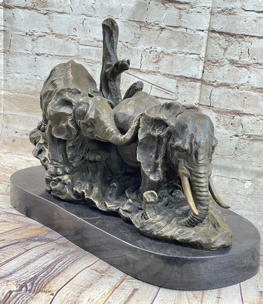 Hot Cast Bronze Sculpture Statue of Two Elephants on Marble Base