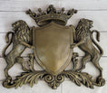 Load image into Gallery viewer, Coat of Arms Family Crest Lions Crown Bronze Wall Mounted Hanging Sculpture 13" x 16"
